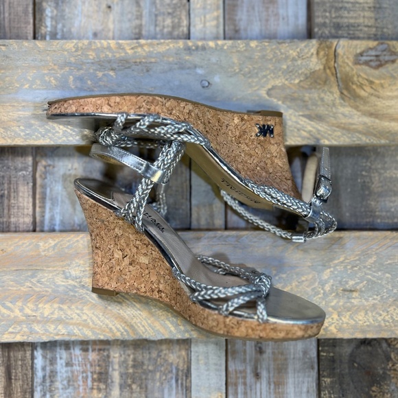 EUC [Michael Kors] Braided < Palm Beach > Silver Strappy Cork Wedge Sandals | 7 - Picture 4 of 13